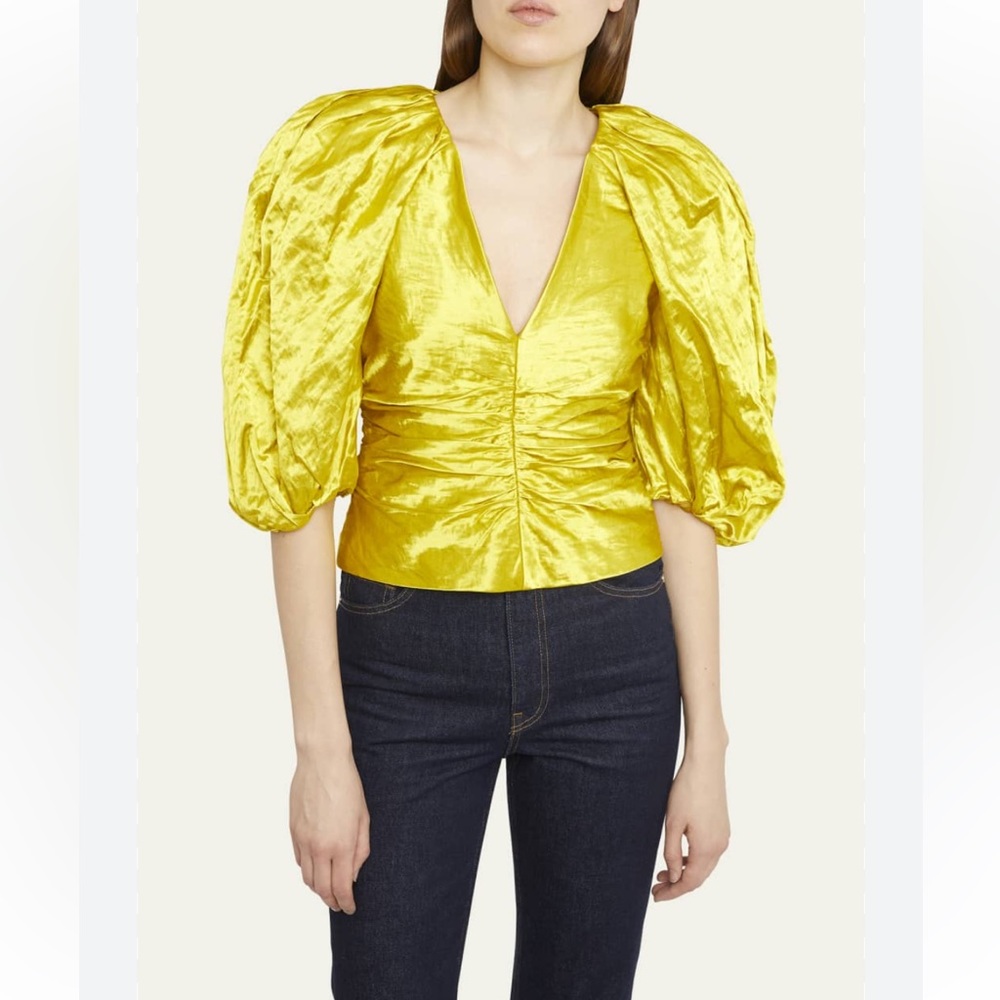 ULLA JOHNSON
Vera Shiny Puff-Sleeve Top. Size XS